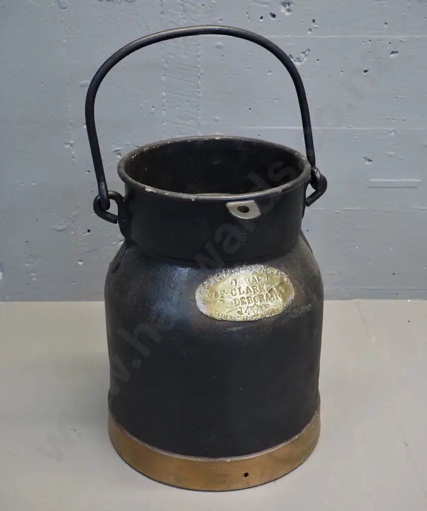 vintage black finished milk can with brass plaque - Oamaru, F. Clark "Deborah" - holes in bottom H360 D300 Image 1++