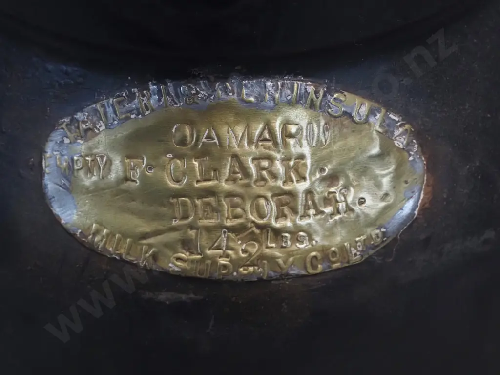 vintage black finished milk can with brass plaque - Oamaru, F. Clark "Deborah" - holes in bottom H360 D300 Image 1++