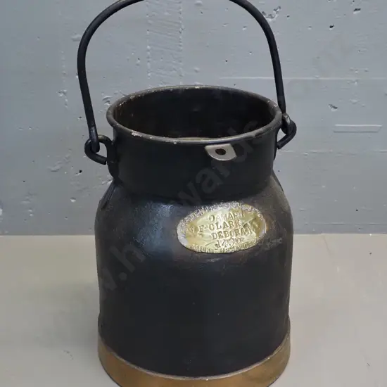 vintage black finished milk can with brass plaque - Oamaru, F. Clark "Deborah" - holes in bottom H360 D300