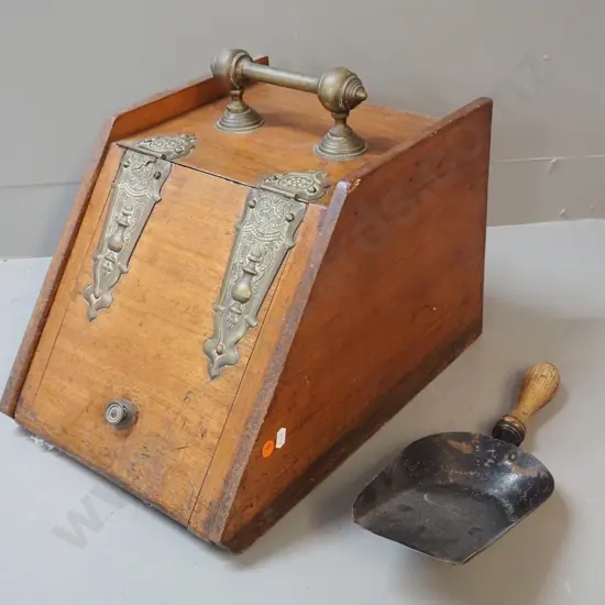 timber coal scuttle with brass handle and hinges, with liner, timber handle rivets on shovel loose H-340 W-300 D-400