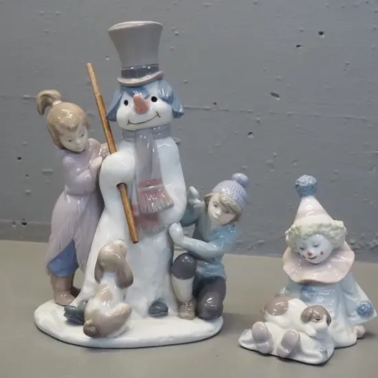 2 Lladro figurines - children with snowman group H-220 and a small sitting clown