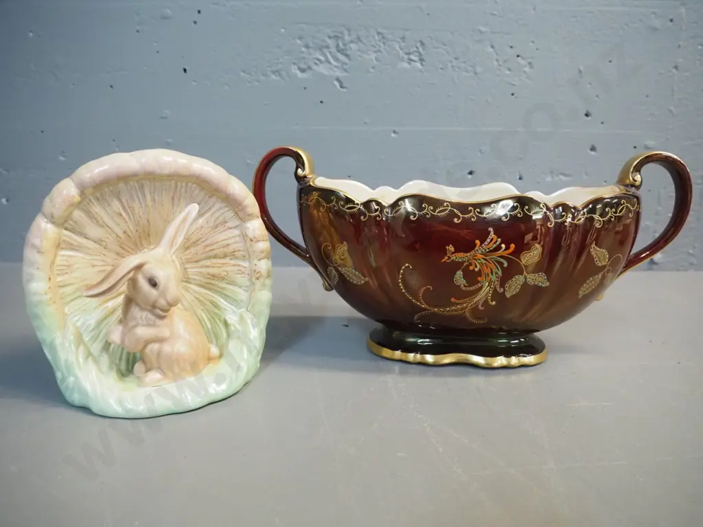 Sylvac rabbit vase H-140 and Crown Devon red and gold bird motif handled trough vase L-300 Image 1++