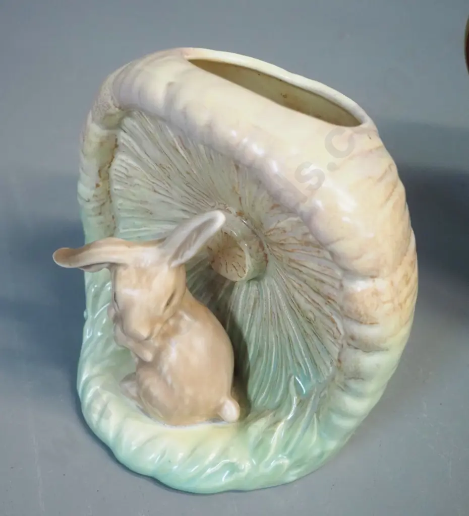 Sylvac rabbit vase H-140 and Crown Devon red and gold bird motif handled trough vase L-300 Image 1++