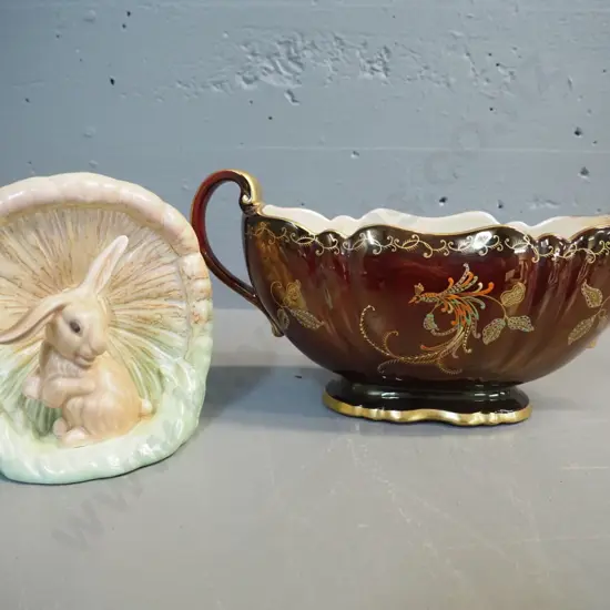 Sylvac rabbit vase H-140 and Crown Devon red and gold bird motif handled trough vase L-300