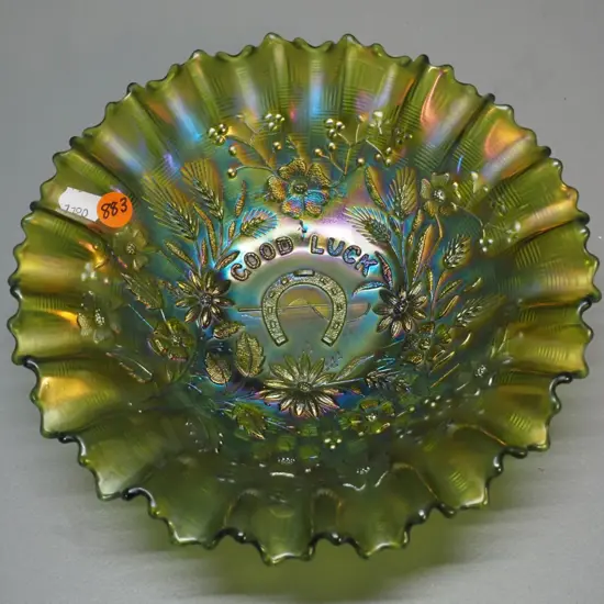 green carnival glass bowl with "Good Luck" horseshoe motif D-220