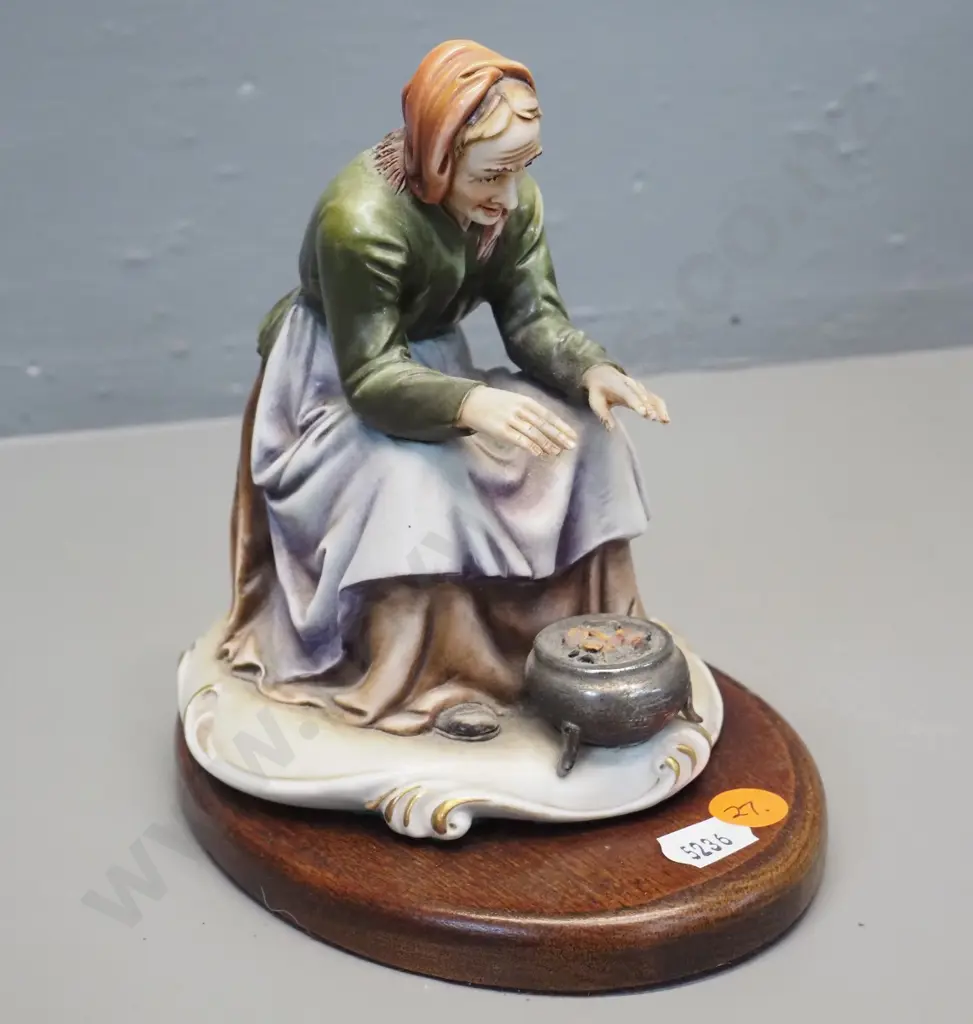 Italian porcelain figurine on wooden stand - woman warming her hands. Signed & marked A. Borsato Milan H155 Image 1++