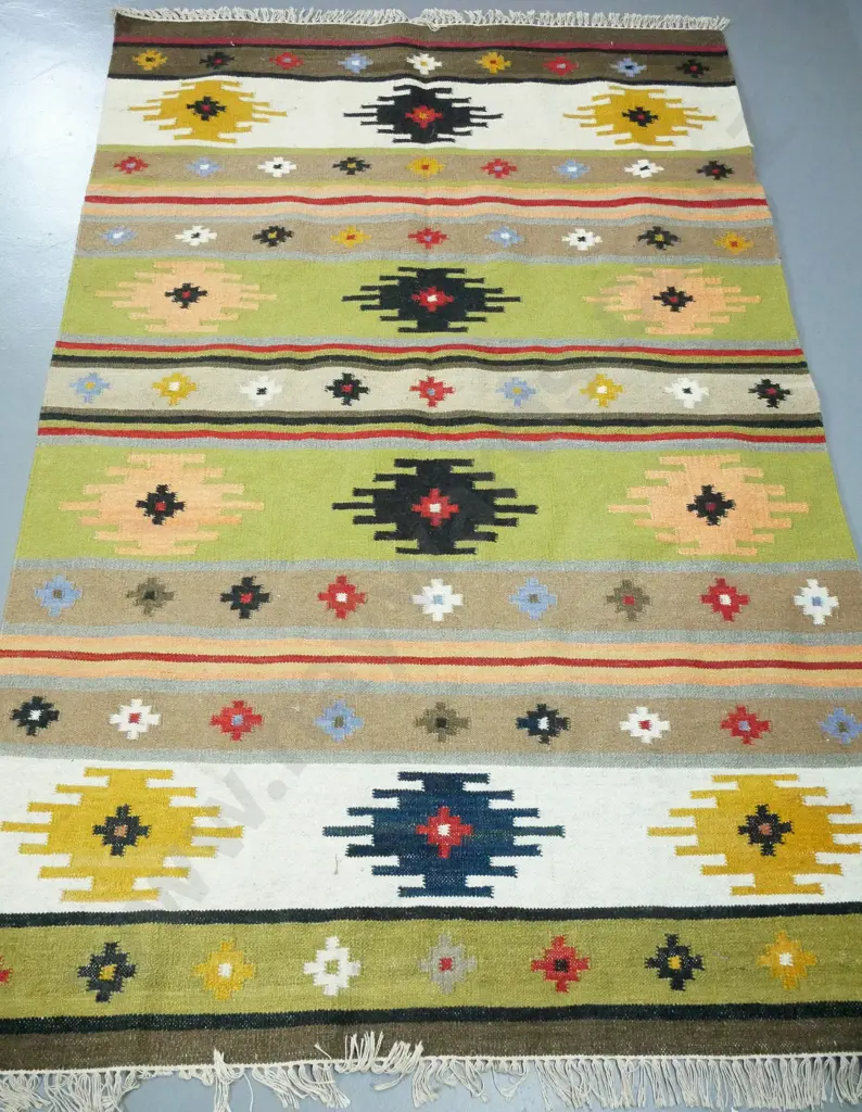 wool dhurrie floor rug - multi coloured pattern L-2370 W-1530 Image 1++