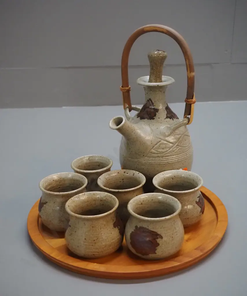 New Zealand studio pottery tea or sake set on kauri tray - teapot is H-280 including cane handle Image 1++