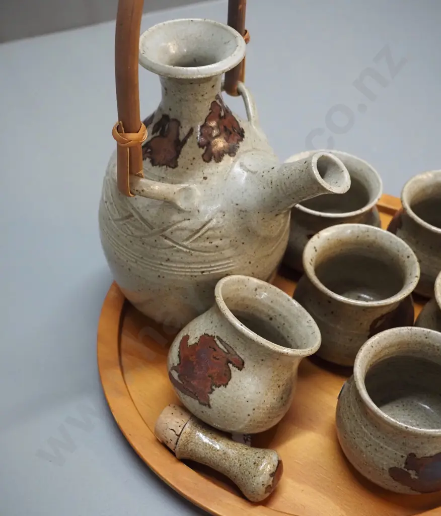 New Zealand studio pottery tea or sake set on kauri tray - teapot is H-280 including cane handle Image 1++