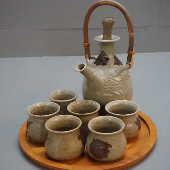 New Zealand studio pottery tea or sake set on kauri tray - teapot is H-280 including cane handle