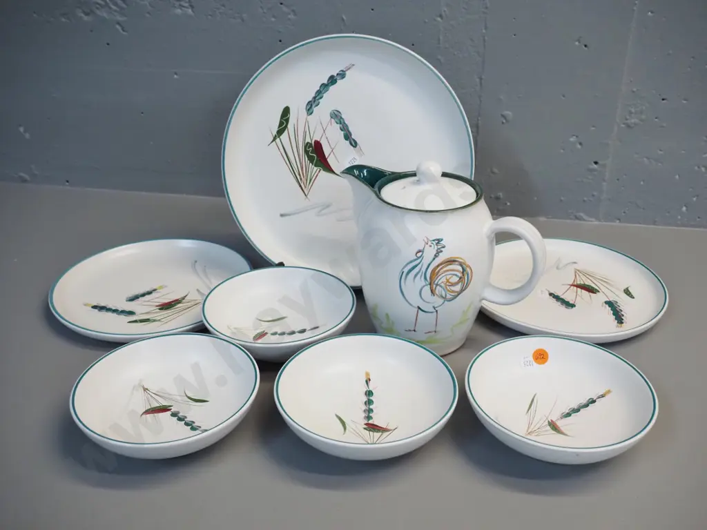 7 assorted pieces Denby Greenwheat tableware and a rooster coffee pot with white replacement lid Image 1++