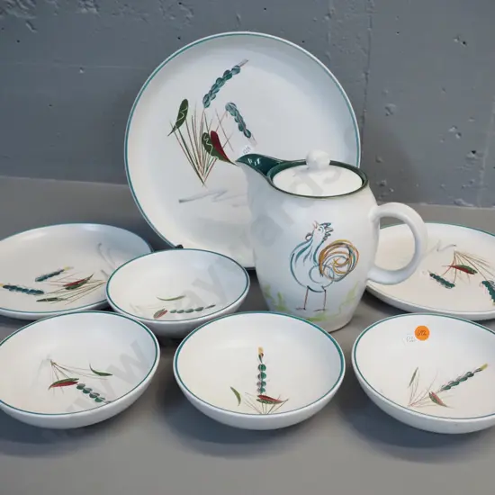 7 assorted pieces Denby Greenwheat tableware and a rooster coffee pot with white replacement lid