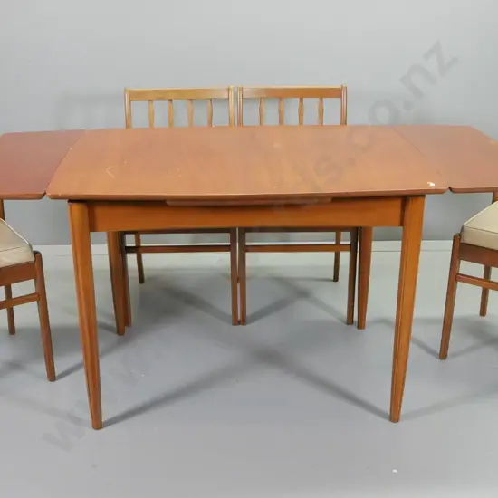 mid-century mahogany end-leaf dining table and 4 slat back chairs w/vinyl seat - chips / wear to veneer top H770 W810