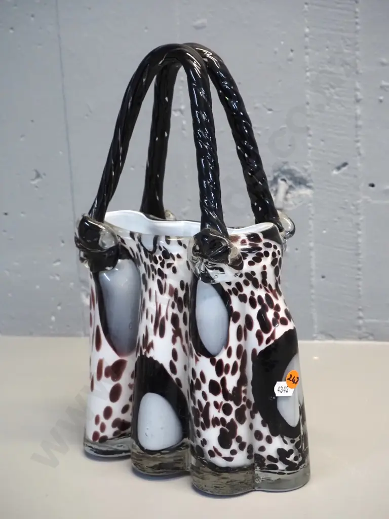 large art glass handbag vase - mottled brown, black, white and clear H-350 W-240 Image 1++