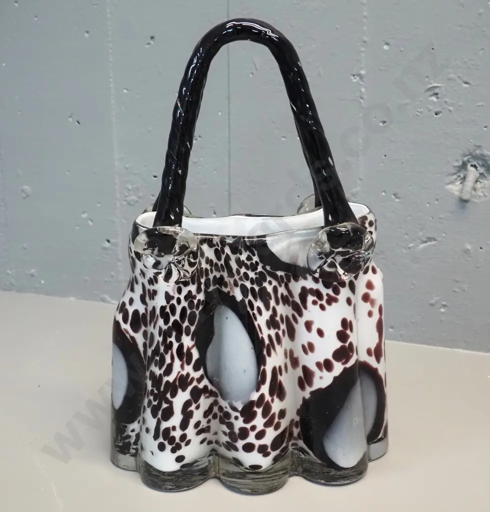 large art glass handbag vase - mottled brown, black, white and clear H-350 W-240 Image 1++