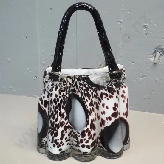 large art glass handbag vase - mottled brown, black, white and clear H-350 W-240