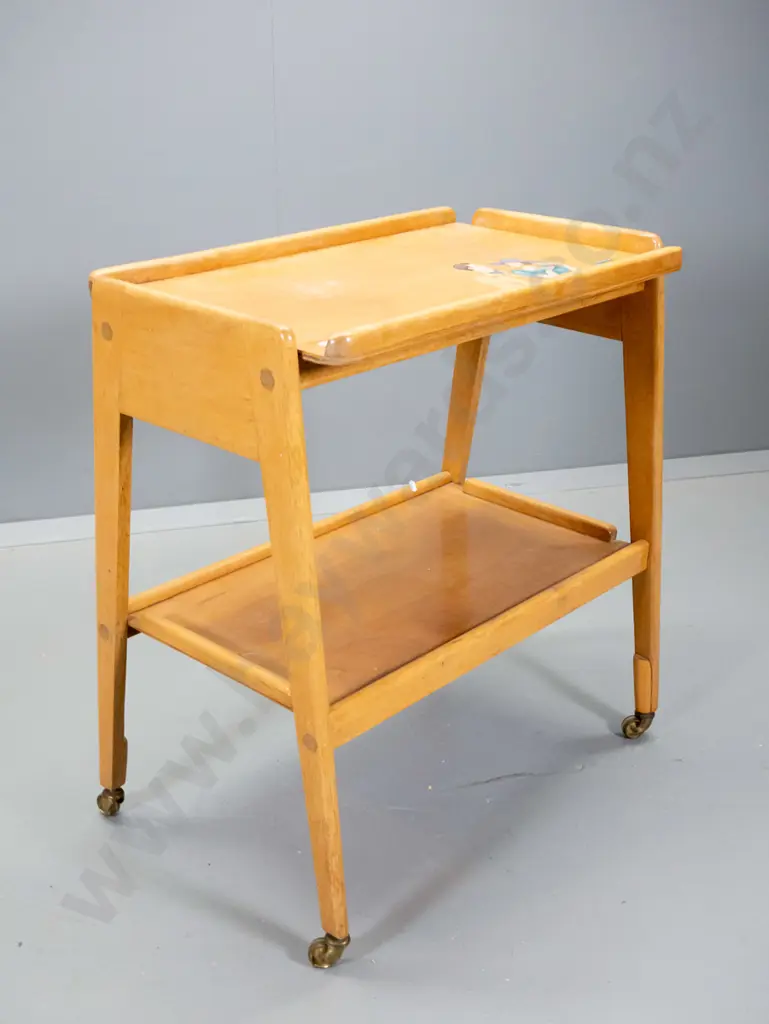 mid-century drinks or tea wagon with lift-off tray top, small metal casters, with painted decoration H-750 L-690 W-410 Image 1++