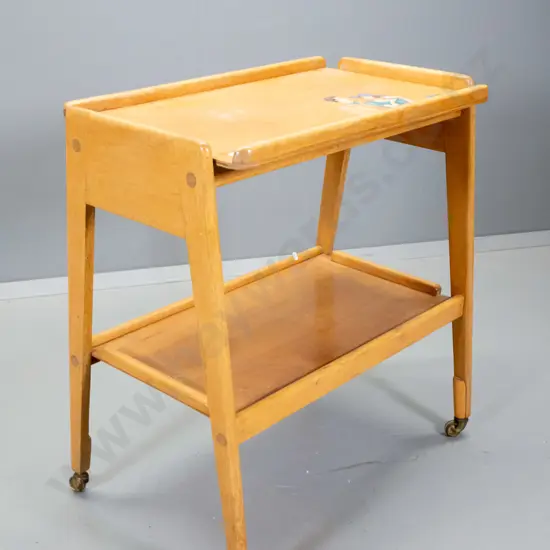mid-century drinks or tea wagon with lift-off tray top, small metal casters, with painted decoration H-750 L-690 W-410