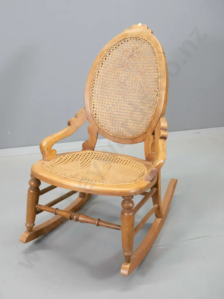 antique beech framed rocking chair with bergere cane seat and back - some damage to cane, polish needs work H830 W540 Image 1++