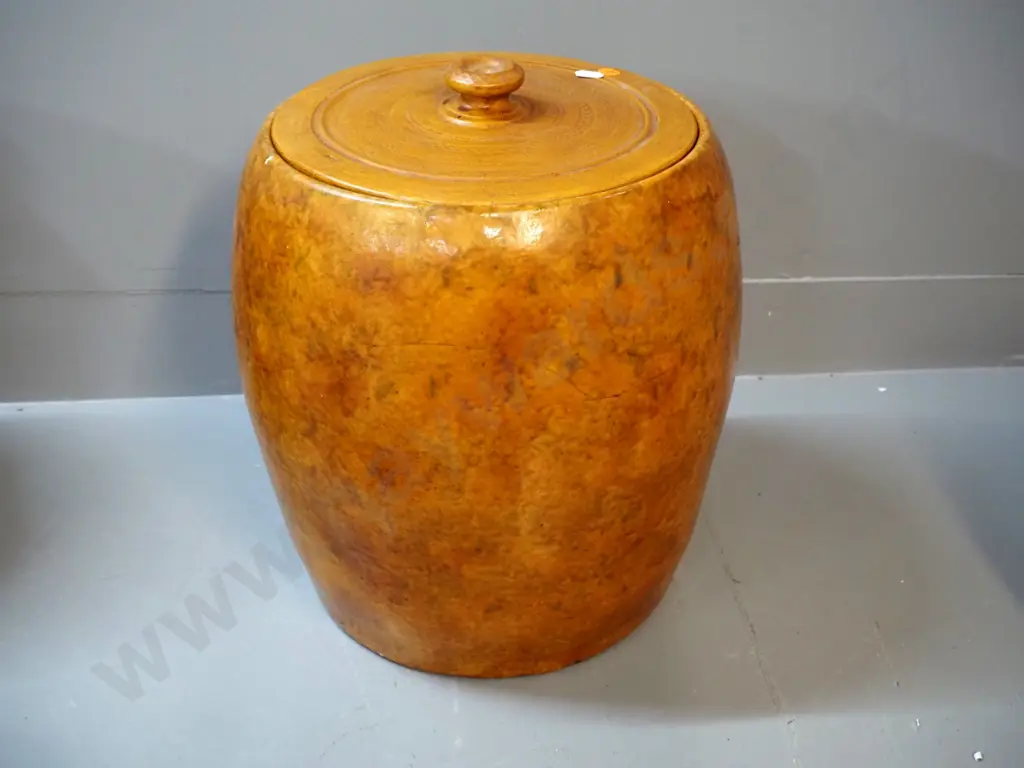 mottled salt glaze lidded storage jar - no maker's mark - repaired crack is apparently under glaze H330 D300 Image 1++