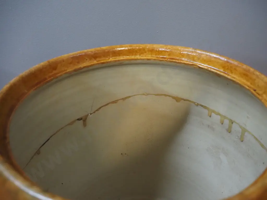 mottled salt glaze lidded storage jar - no maker's mark - repaired crack is apparently under glaze H330 D300 Image 1++