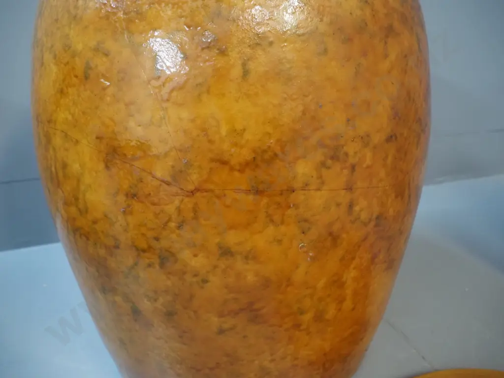 mottled salt glaze lidded storage jar - no maker's mark - repaired crack is apparently under glaze H330 D300 Image 1++