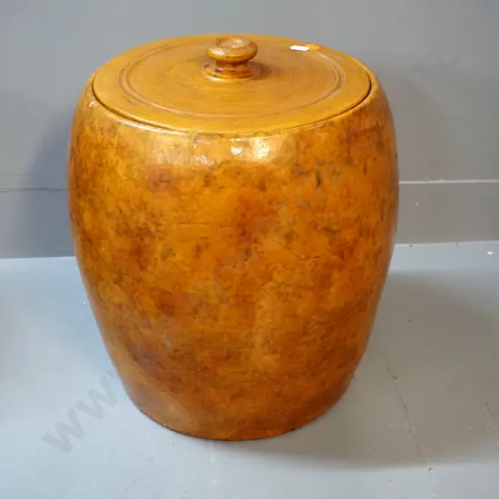 mottled salt glaze lidded storage jar - no maker's mark - repaired crack is apparently under glaze H330 D300