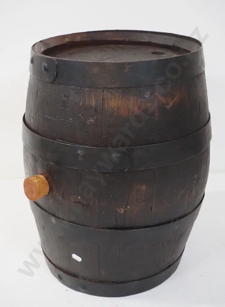 wooden barrel with metal strap binding - illegible maker's marks on end H-430 D-330 at widest Image 1++