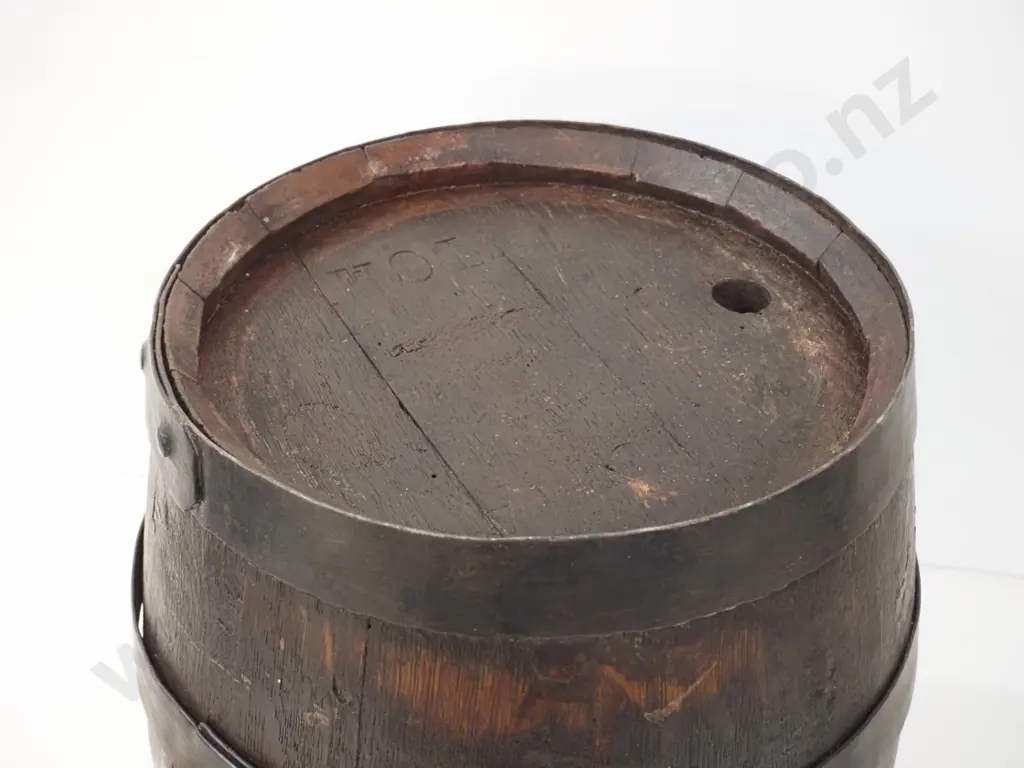 wooden barrel with metal strap binding - illegible maker's marks on end H-430 D-330 at widest Image 1++