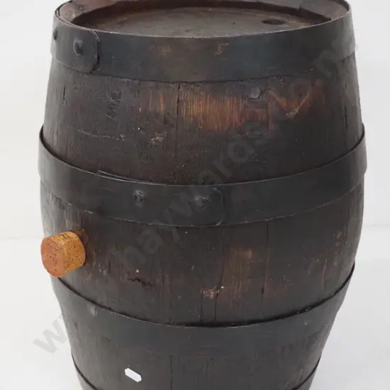 wooden barrel with metal strap binding - illegible maker's marks on end H-430 D-330 at widest