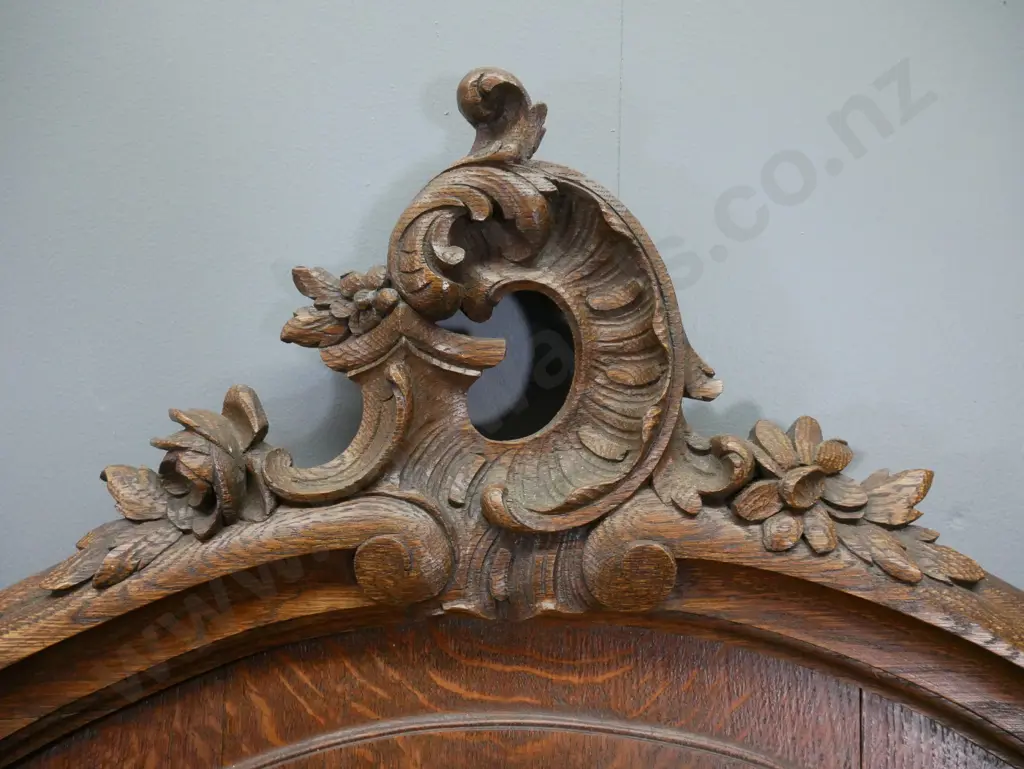 vintage French double size oak bed frame with carved headboard - some splitting in headboard H1610 W1400 Image 1++