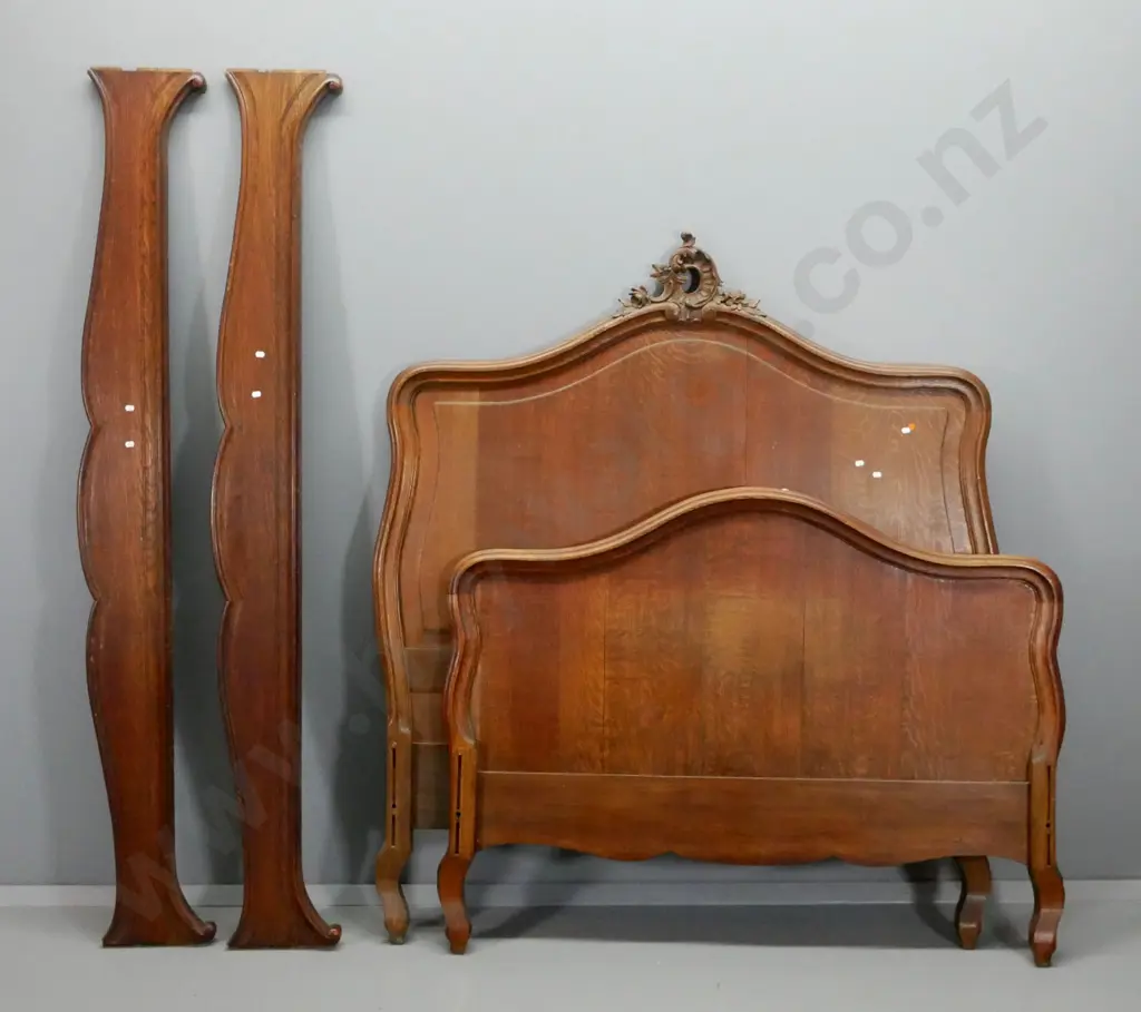 vintage French double size oak bed frame with carved headboard - some splitting in headboard H1610 W1400 Image 1++