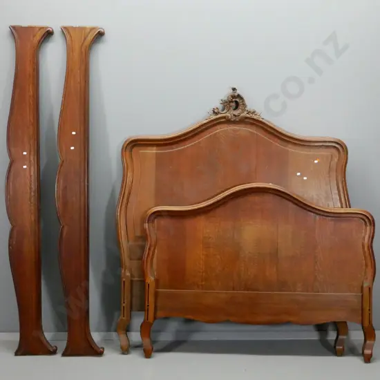 vintage French double size oak bed frame with carved headboard - some splitting in headboard H1610 W1400
