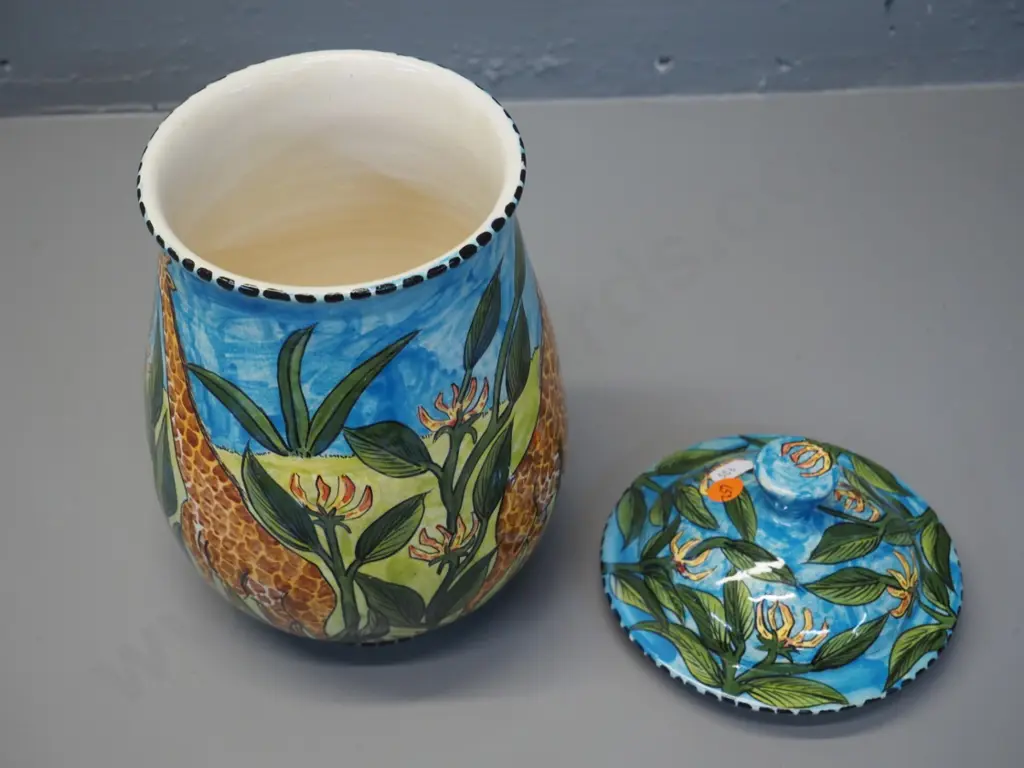 African 'Water Berry' studio pottery lidded pot with giraffe motif H-280 Image 1++