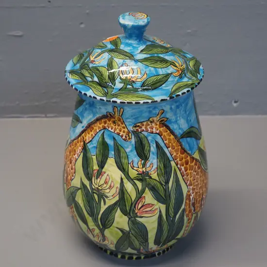 African 'Water Berry' studio pottery lidded pot with giraffe motif H-280