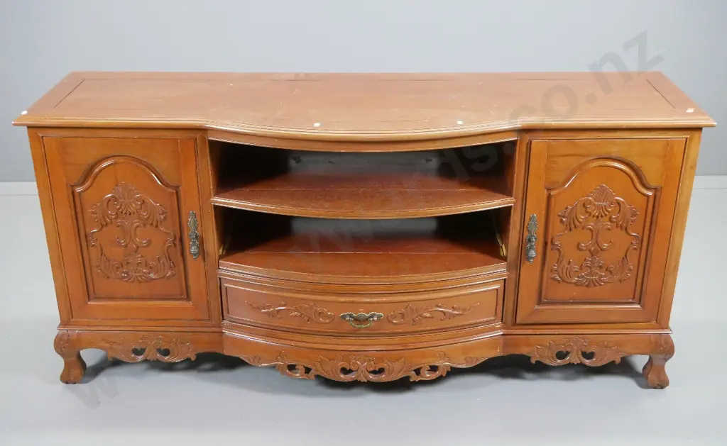mahogany bow-front entertainment cabinet, 2 drawers and single door, sliding shelf, carved fronts - polish needs work Image 1++