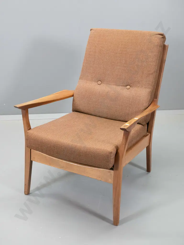 retro mahogany framed lounge chair with brown tweed upholstery H880 W650 D780 Image 1++