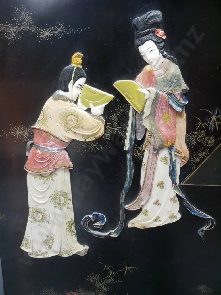 Chinese 4-panel screen with relief marble, mother of pearl, plaster and hand painted decoration H1830 Each panel W-410 Image 1++