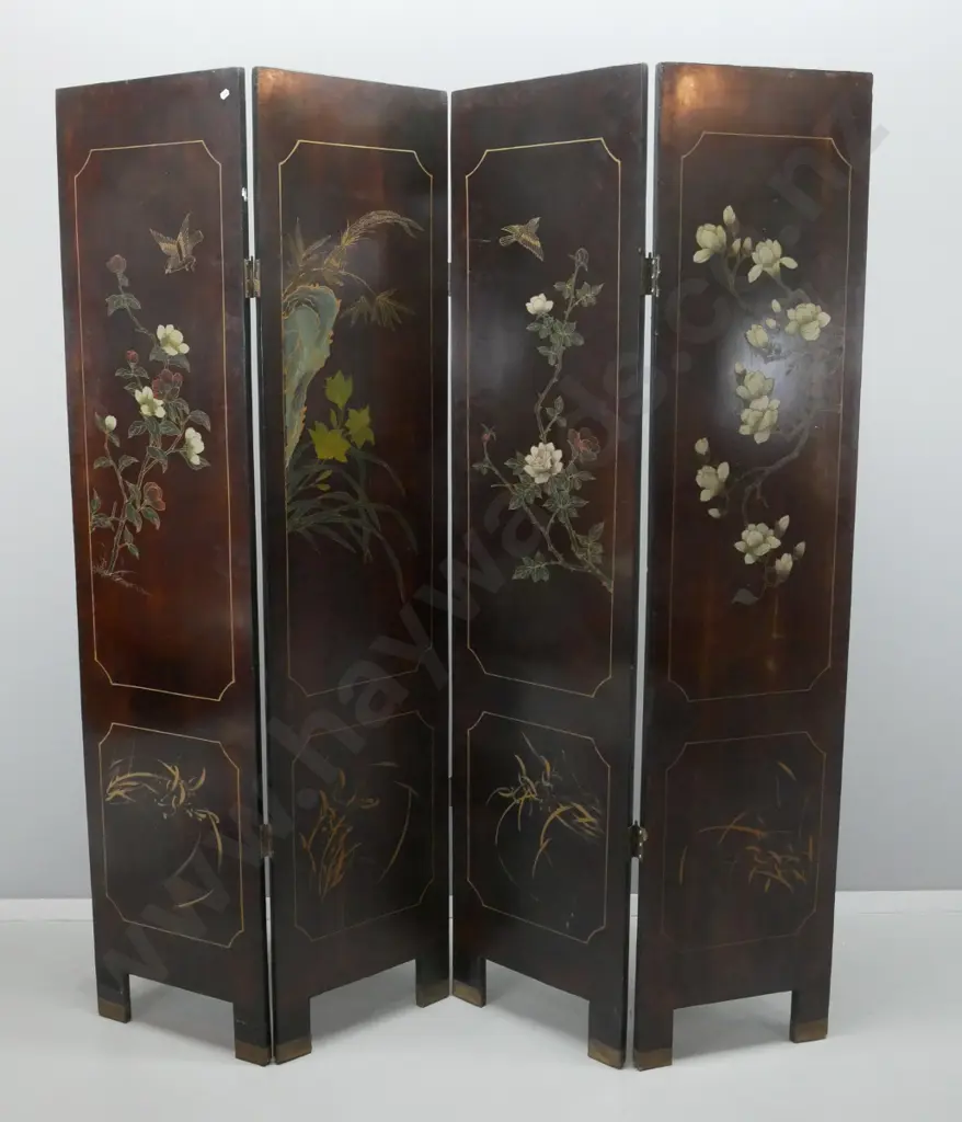 Chinese 4-panel screen with relief marble, mother of pearl, plaster and hand painted decoration H1830 Each panel W-410 Image 1++
