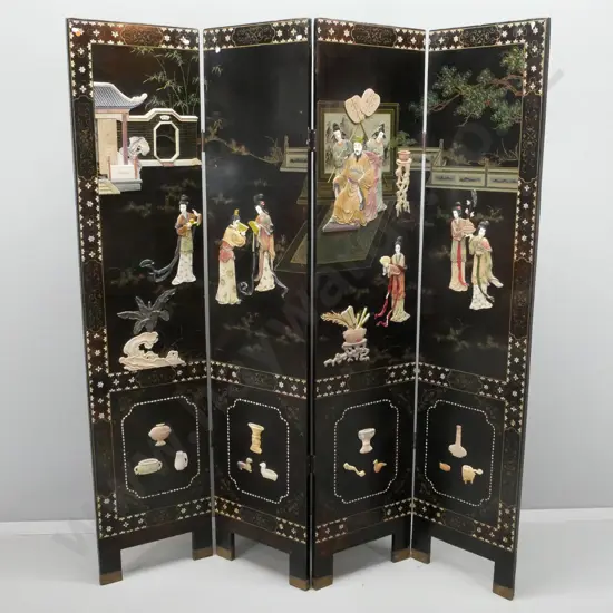 Chinese 4-panel screen with relief marble, mother of pearl, plaster and hand painted decoration H1830 Each panel W-410