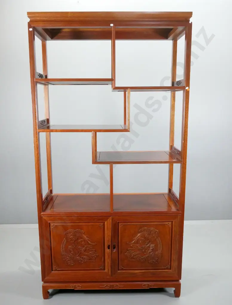 reproduction asian mahogany display shelf w/ 2 carved dragon motif doors in base H1990 W1015 D430 Image 1++