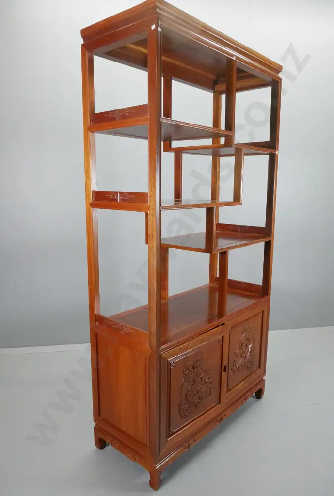 reproduction asian mahogany display shelf w/ 2 carved dragon motif doors in base H1990 W1015 D430 Image 1++