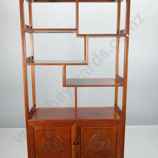 reproduction asian mahogany display shelf w/ 2 carved dragon motif doors in base H1990 W1015 D430
