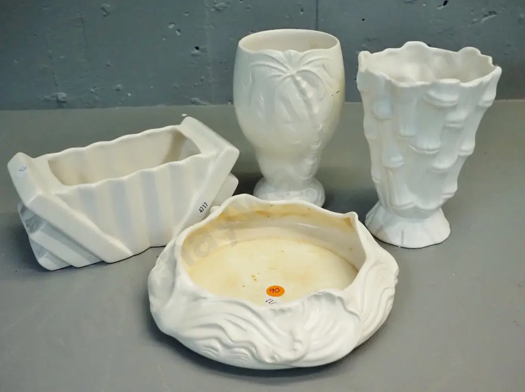 4 retro white vases - Crown Lynn float bowl (small glaze chips) Shorter trough, Beswick palm tree H-160 Sylvac Image 1++