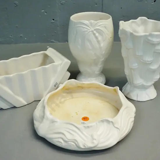 4 retro white vases - Crown Lynn float bowl (small glaze chips) Shorter trough, Beswick palm tree H-160 Sylvac