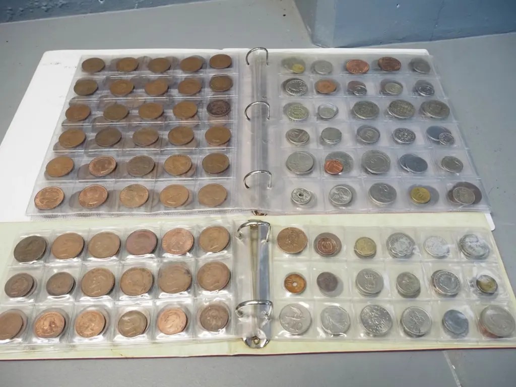 2 binders of assorted coins in sheets - NZ, Australian and English pennies etc. plus various international Image 1++