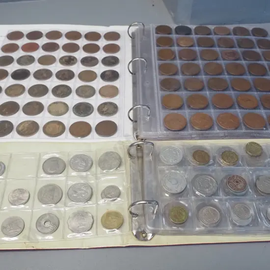 2 binders of assorted coins in sheets - NZ, Australian and English pennies etc. plus various international