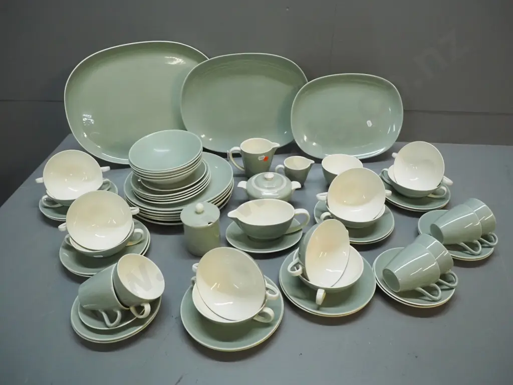 large collection of Poole celandine dinner and tea ware including 3 platters, jugs, soup bowls, etc - small chip to one Image 1++