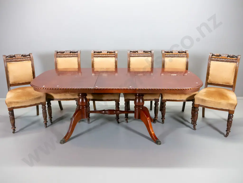 reproduction mahogany rope-edge double pedestal extending dining table w/brass feet, 6 vintage ornately carved mahogany Image 1++