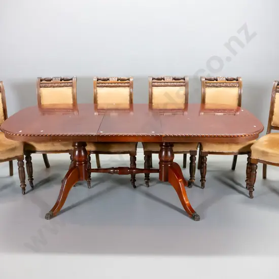 reproduction mahogany rope-edge double pedestal extending dining table w/brass feet, 6 vintage ornately carved mahogany